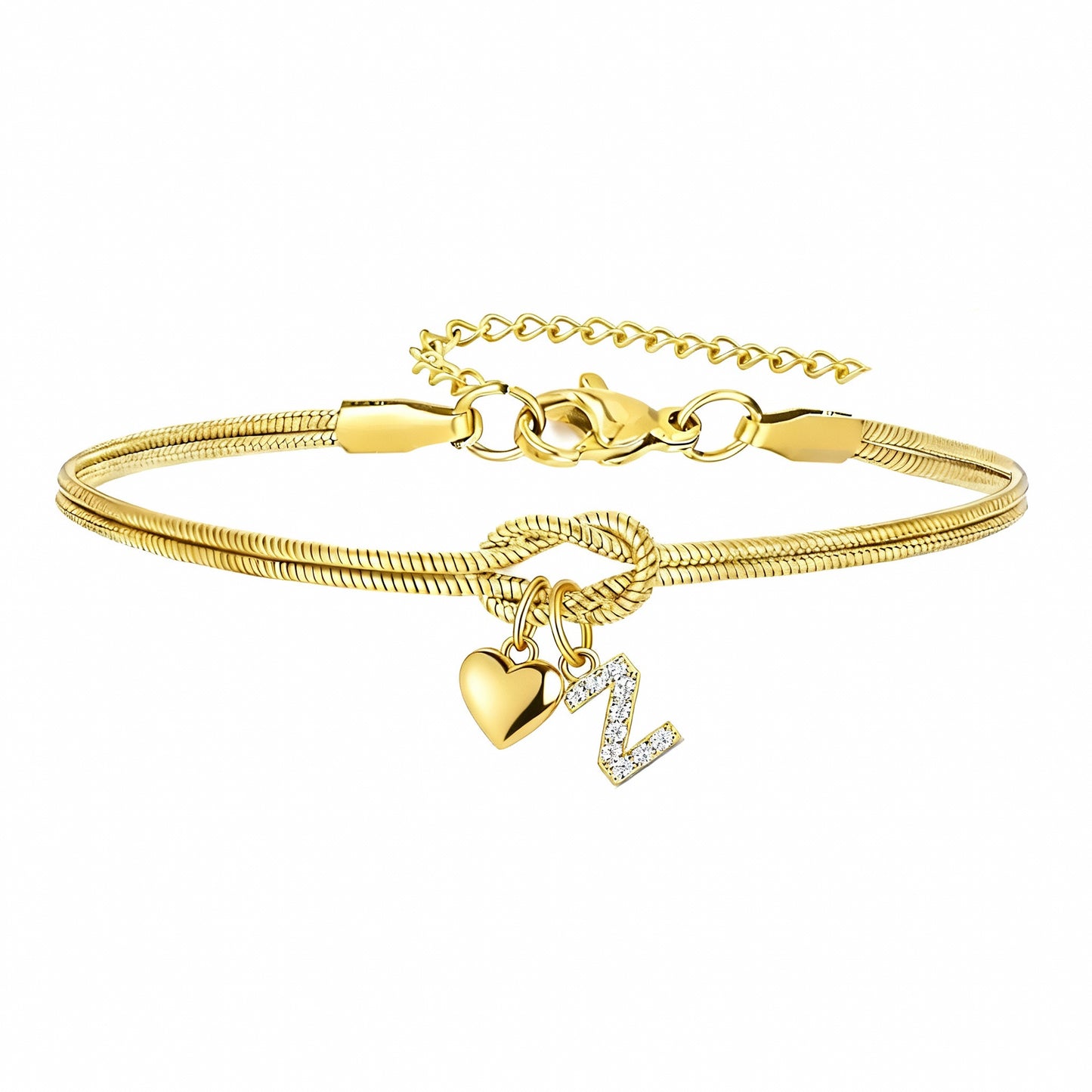 Diamond-Encrusted 26-Letter Heart Pendant Bracelet