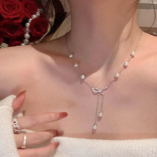 Butterfly Knot Pearl Tassel Necklace For Women
