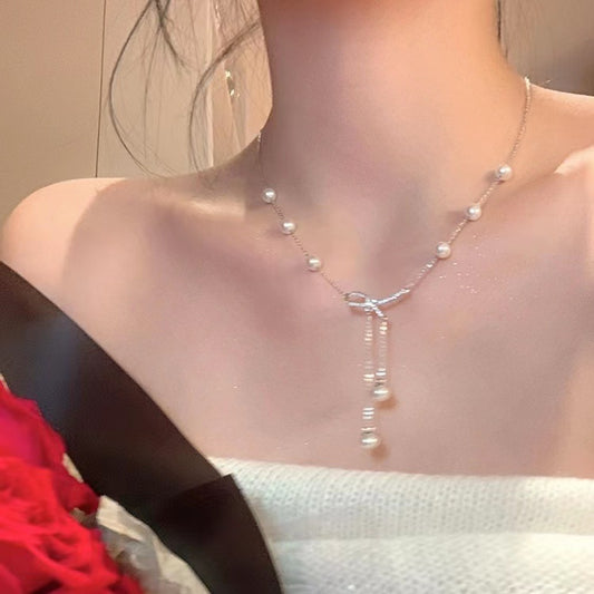 Butterfly Knot Pearl Tassel Necklace For Women
