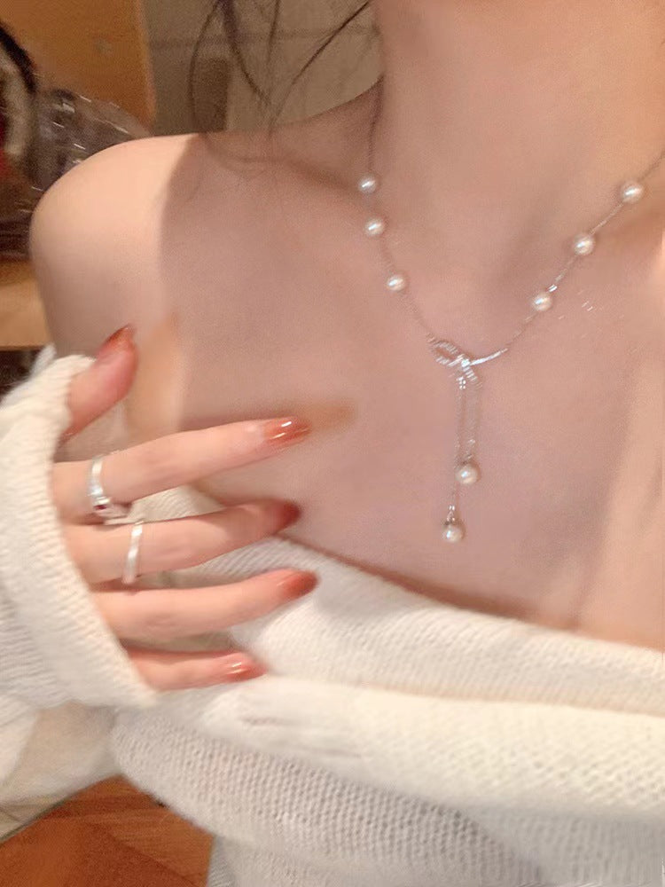 Butterfly Knot Pearl Tassel Necklace For Women