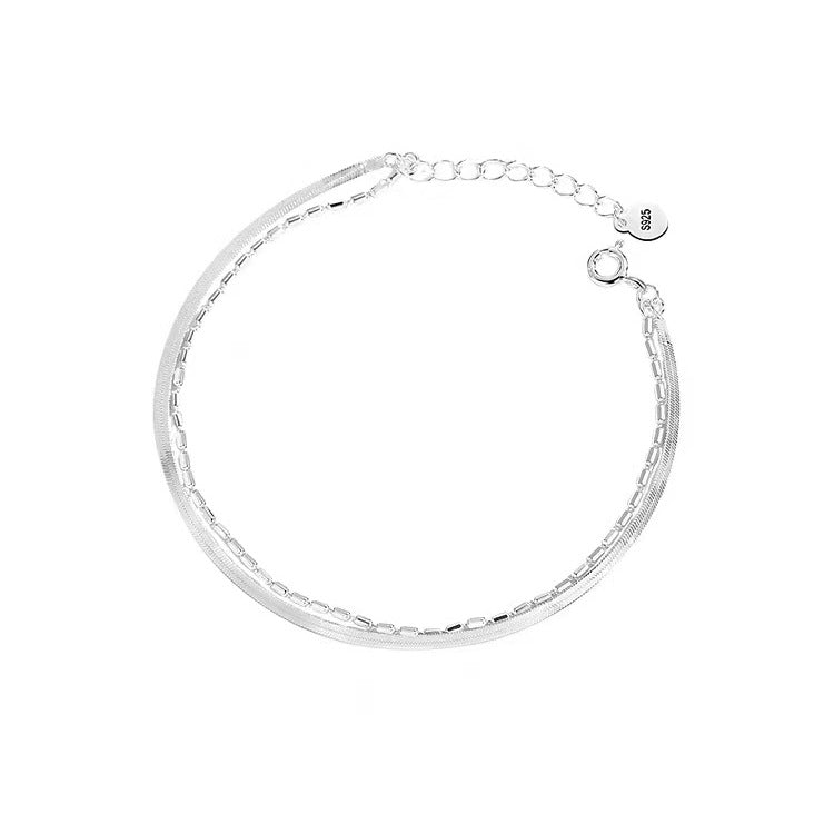 925 Silver-Plated Flat Snake Chain Double-Layer Bracelet For Women