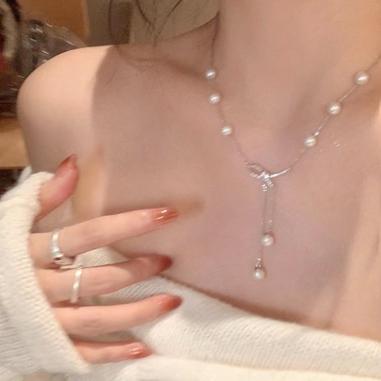 Butterfly Knot Pearl Tassel Necklace For Women