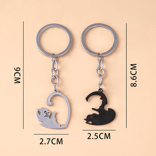 Love Heart Black White Cats Stainless Steel Couple Keychains