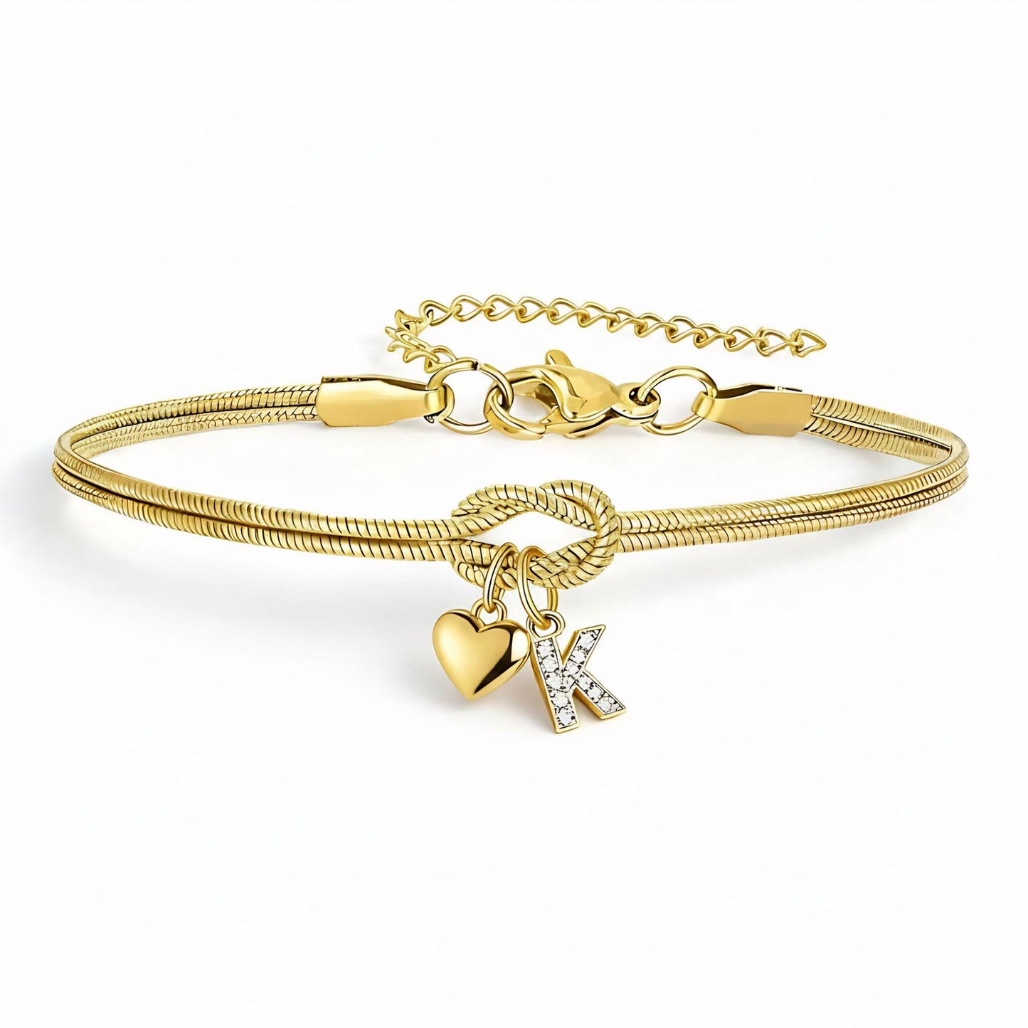 Diamond-Encrusted 26-Letter Heart Pendant Bracelet