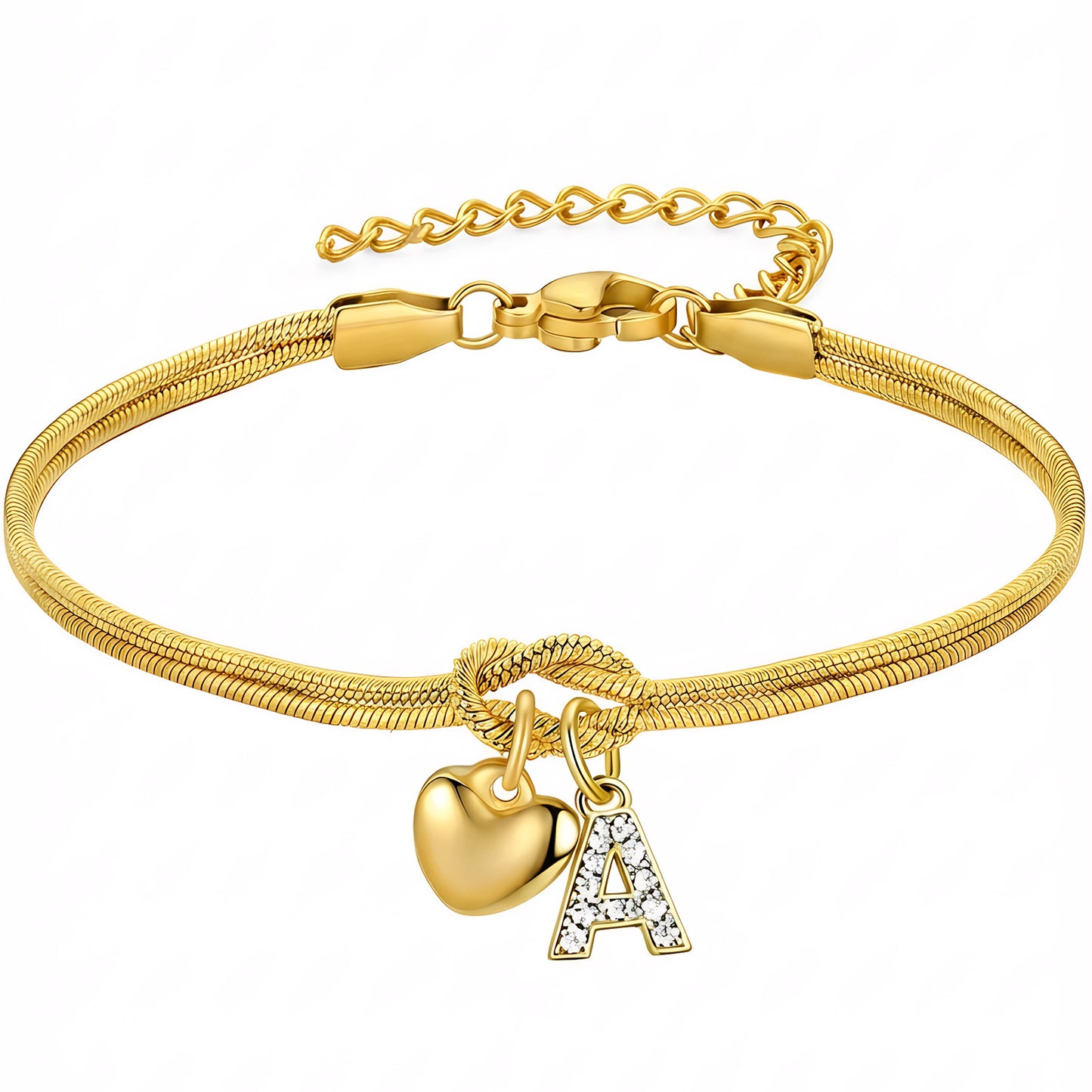 Diamond-Encrusted 26-Letter Heart Pendant Bracelet