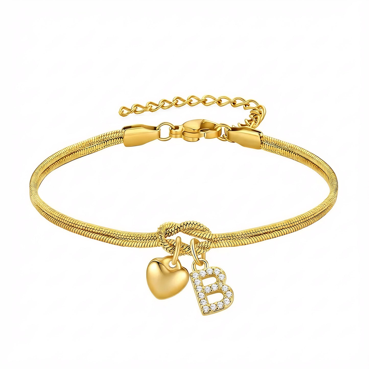 Diamond-Encrusted 26-Letter Heart Pendant Bracelet