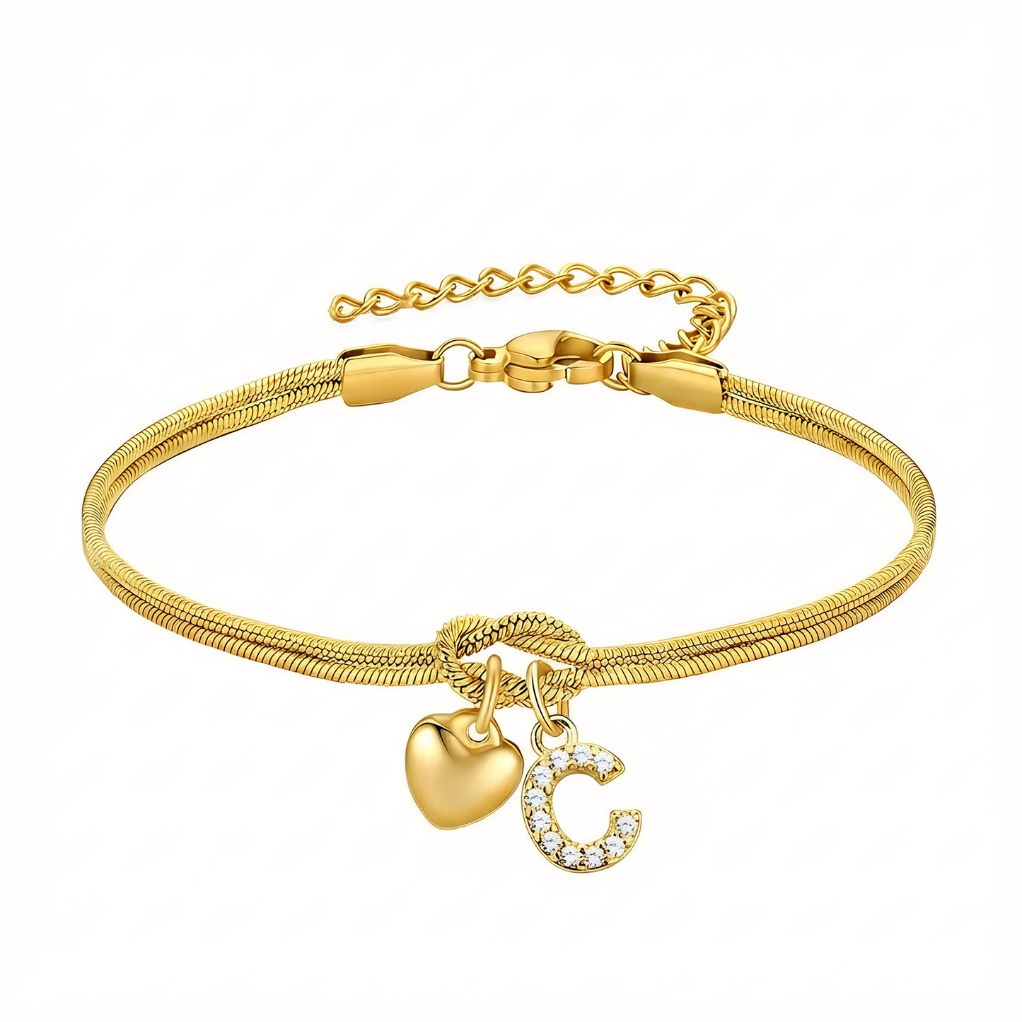 Diamond-Encrusted 26-Letter Heart Pendant Bracelet