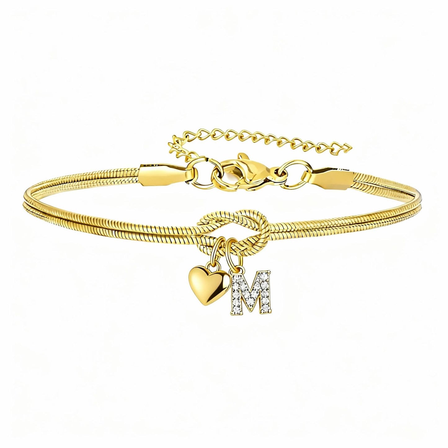 Diamond-Encrusted 26-Letter Heart Pendant Bracelet