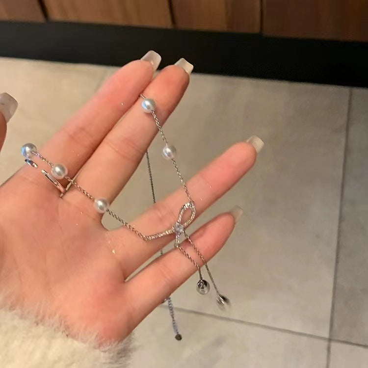 Butterfly Knot Pearl Tassel Necklace For Women